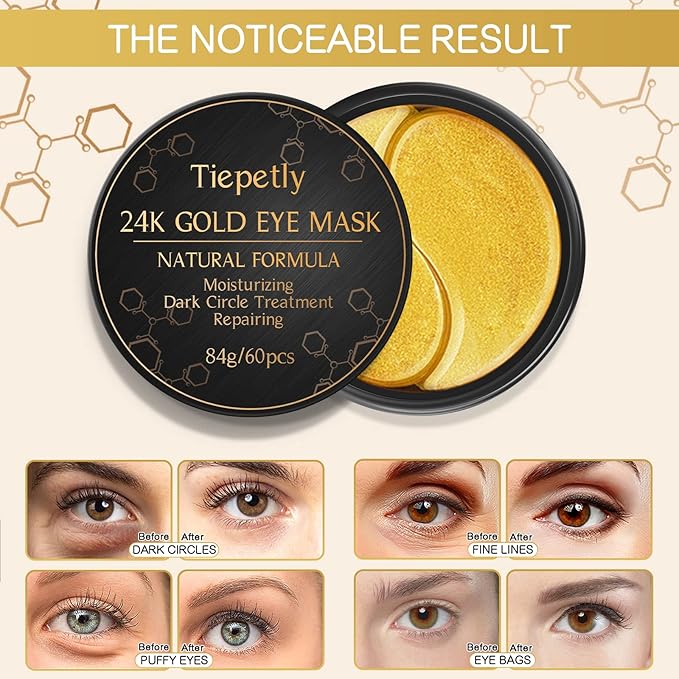 24K Gold Under Eye Mask Patches for Puffy Eyes and Dark Circles, Hydrating, Anti Wrinkles, 60 pcs