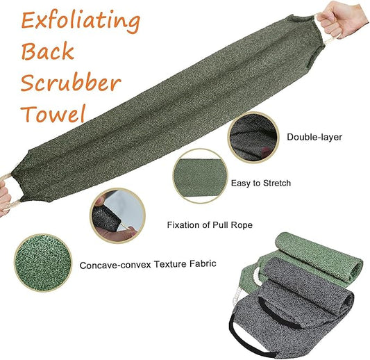 Scrubber Back for Shower Extended Length Scrubber Towel Exfoliating Washcloth Body Scrub Sponge Shower Loofah with Handle for Women Men Deep Clean Body Skin Massages (Gray&green2)