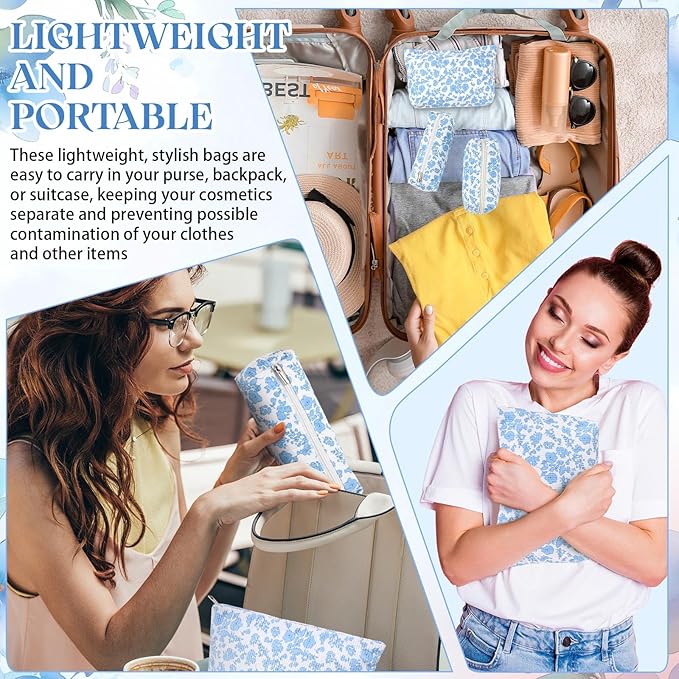 3 Pcs Makeup Bag Set for Women Corduroy Cosmetic Pouch Aesthetic Smile Travel Toiletry Bag Cute Purse Pouch Pencil Case Makeup Brushes Storage Organizer for Christmas(Blue, Flower)