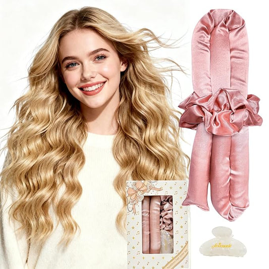 Serenade Satin Heatless Curls Overnight for Long Hair, Heatless Hair curler Set for Women and Girls, No Heat Curling Rods with Satin Scrunchies and Clip, Pink