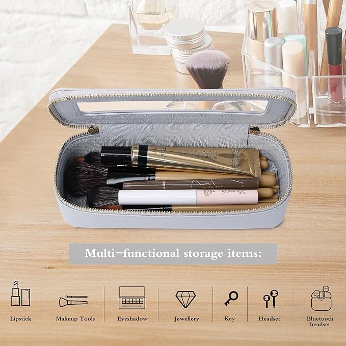 Makeup Brush Case Clear Travel Cosmetic & Toiletry Bag Small Makeup Bag with Zipper Purse Organizer Car Essential Bag for Women (Gray, SLIM)