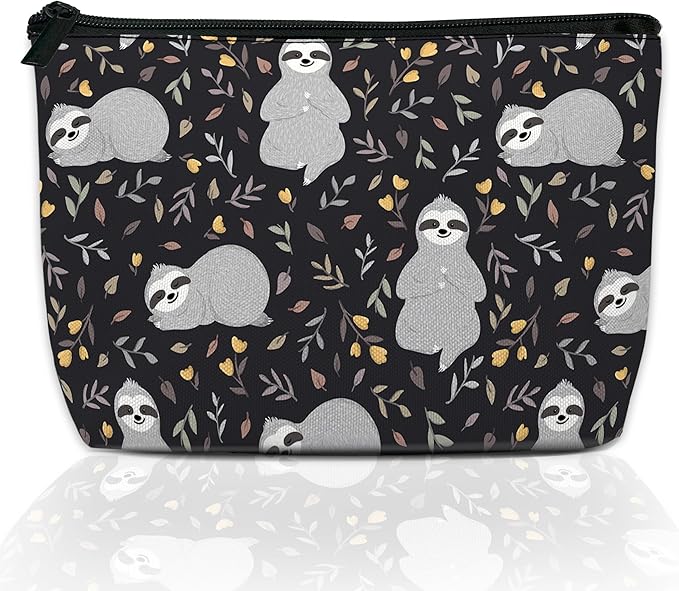 Makeup Bag for Purse, Waterproof Funny Cute Baby Sloths Leaves Cosmetic Bag for Women, Zipper Travel Toiletry Gift 9.5×5.9 Inch