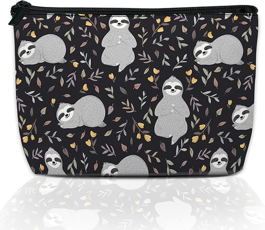 Makeup Bag for Purse, Waterproof Funny Cute Baby Sloths Leaves Cosmetic Bag for Women, Zipper Travel Toiletry Gift 9.5×5.9 Inch