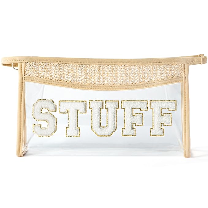 Boho Patch STUFF Cosmetic Bag - Summer Preppy STUFF Chenille Varsity Letter Toiletry Makeup Bag Clear Waterproof Travel Beach Makeup Pouch PVC Zipper Clutch Daily Use Purse for Women Girls