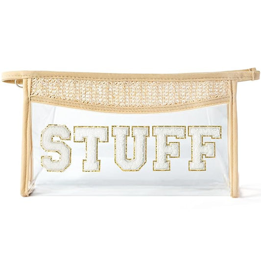 Boho Patch STUFF Cosmetic Bag - Summer Preppy STUFF Chenille Varsity Letter Toiletry Makeup Bag Clear Waterproof Travel Beach Makeup Pouch PVC Zipper Clutch Daily Use Purse for Women Girls