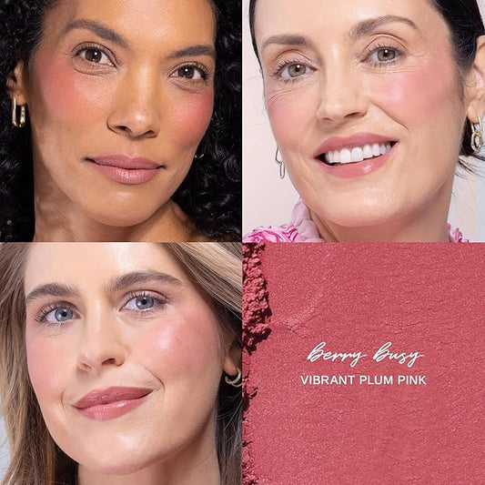 Wander Beauty Hydrating Powder Blush - Lightweight, Berry Blush Makeup with a Blurring, Satin Finish - Buildable Formula with Hyaluronic Acid, Squalane & Aloe Leaf Extract - Berry Busy - 0.18 oz