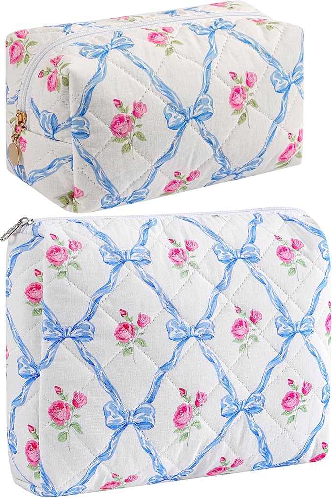 Makeup Bag Travel Cosmetic Bag for Women Girls, Zipper Make Up Pouch, Floral Flowers Toiletry Organizer Makeup, Portable Storage Bag, Cosmetic Travel Cloth Bag (2 Pack (L+S)/Blue Bowknot)