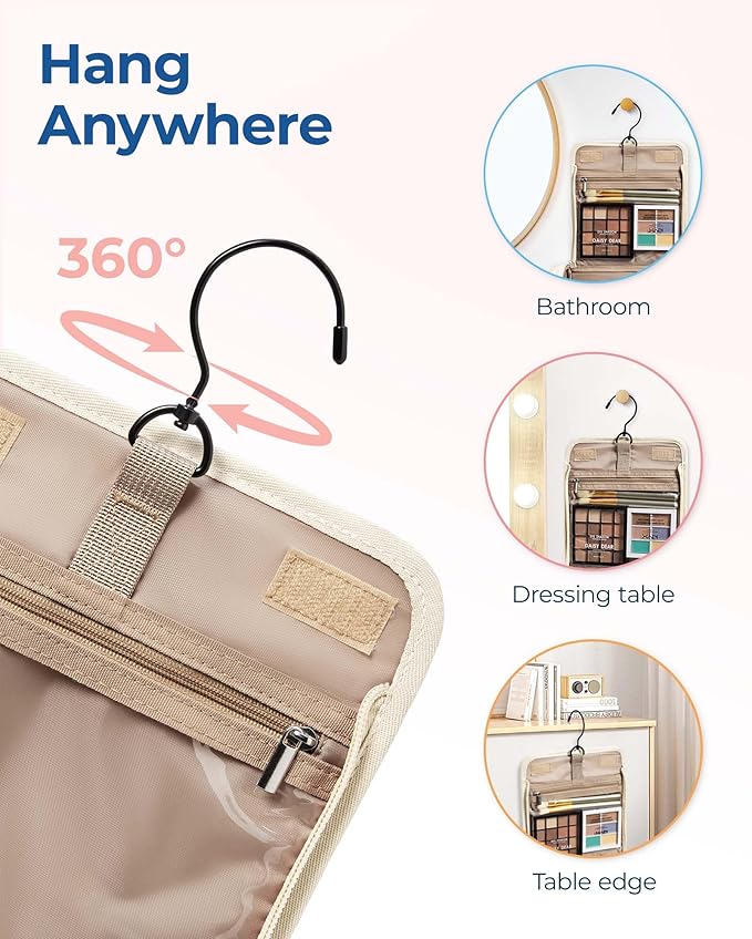 BAGSMART Toiletry Bag Travel Makeup Bag with Hanging Hook, Cosmetic Bag Make Organizer Case, Large Capacity Water-resistant Organizer for Toiletries Accessories Brushes Sponge, Beige