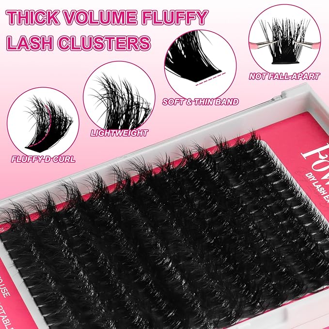 Lash Clusters Kit Fluffy 200D Individual Lashes D Curl Cluster Eyelash Extensions 10-18mm DIY Lash Extension Kit Lash Bond and Seal Waterproof, Lash Applicator, Thick False Eyelashes Kit