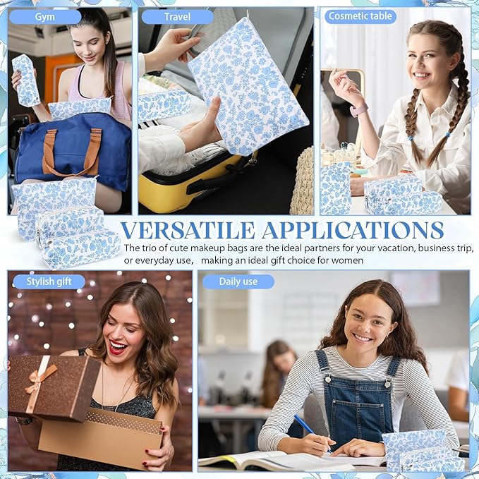 3 Pcs Makeup Bag Set for Women Corduroy Cosmetic Pouch Aesthetic Smile Travel Toiletry Bag Cute Purse Pouch Pencil Case Makeup Brushes Storage Organizer for Christmas(Blue, Flower)