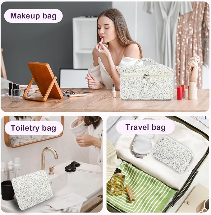 4Pcs Quilted Makeup Bag Set Cute Floral Cosmetic Bag Cotton Coquette Make up Bag Aesthetic Travel Toiletry Bag for Women Girls