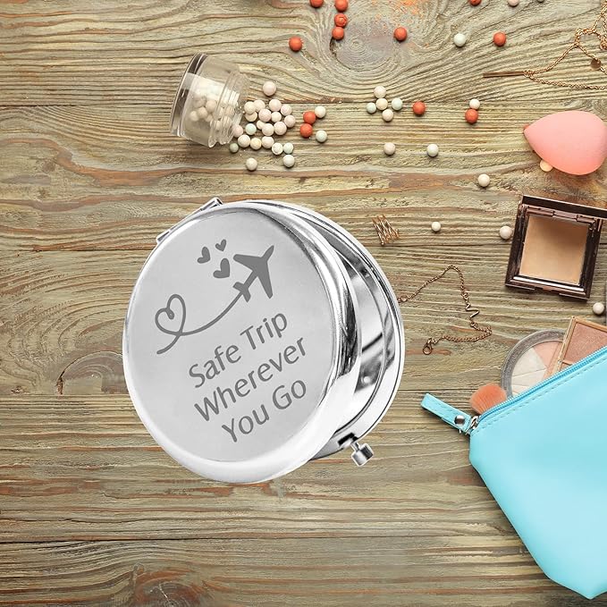 CHOORO Safe Travels Pocket Mirror Safe Trip Wherever You Go Airplane Wanderlust Gift for Traveler/Flight Attendant (Safe Trip-M)