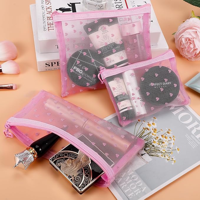 6 Pack Mini Zipper Mesh Makeup Bags, Heart Print Nylon Cosmetic Bags Toiletry Bags for Office Travel Organization (Pink, XS)