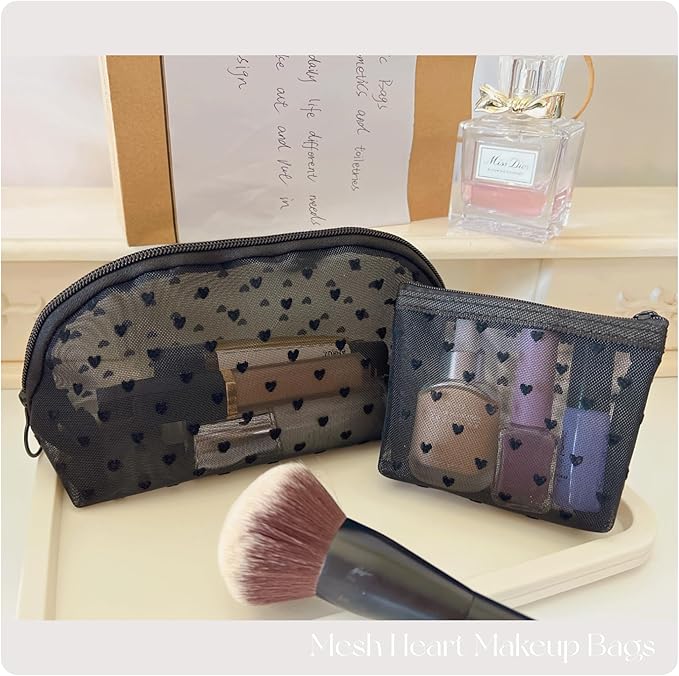 5 Pieces Zipper Mesh Cosmetic Bags Set, Mesh Heart Makeup Bags Toiletry Bags, Portable Travel Makeup Bags for Women, Small Items Storage Organizer Bags for Travelling (Black)