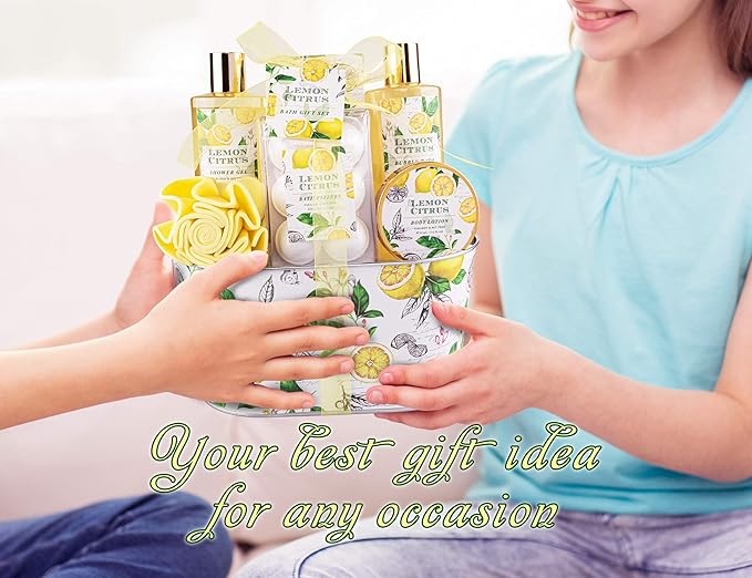 Bath Gift Set, Lemon Citrus Spa Gift Basket for Women, Includes Shower Gel, Bubble Bath, Body Lotion, Bath Frizzes 8 Pcs, Great Gift Idea for Her Birthday