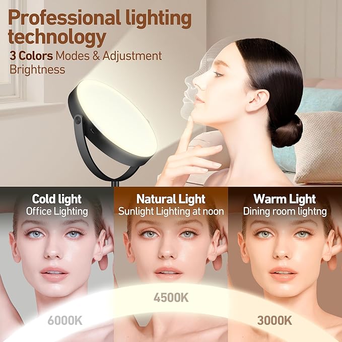 Magnifying Mirror with Light 20X, Height-Adjustable Lighted Makeup Mirror with Magnification, Double - Sided Aluminum Alloy LED Mirror, 3 Lighting Modes Ideal for Desk Bathroom Makeup, Black