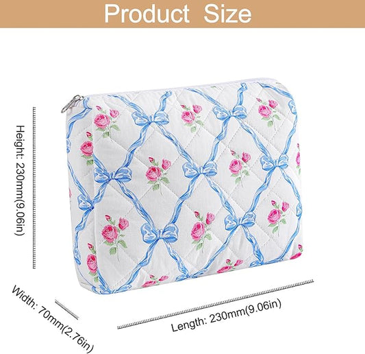 Quilted Cotton Makeup Bag Travel Cosmetic Bag for Women Girls, Zipper Make Up Pouch, Bow Pattern Toiletry Organizer Makeup, Portable Storage Bag (2 Pack: Blue Bowknot)