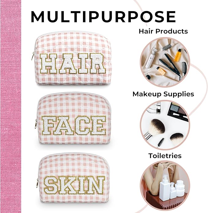 3pc Checker Makeup Cosmetic Bag Preppy Patch Travel Pouch for Women Chenille Letter Patch Small Portable Cosmetic Bag (Pink & White) (Bag Without Handle)