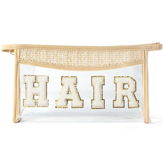 Boho Patch Cosmetic Bag - Summer HAIR Chenille Varsity Letter Toiletry Kit Beige Clear Waterproof Travel Makeup Bag PVC Zipper Clutch Daily Use Purse Summer Gifts for Women Girls