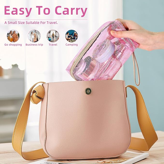 Clear Colorful Makeup Bag, Thick PVC Small Clear Toiletry Bag for Travel, Waterproof Cosmetic Bag with Durable Zipper & Detachable Strap, Cute Transparent Pouch Organizer for Women, 7.1×4×3 In Pink