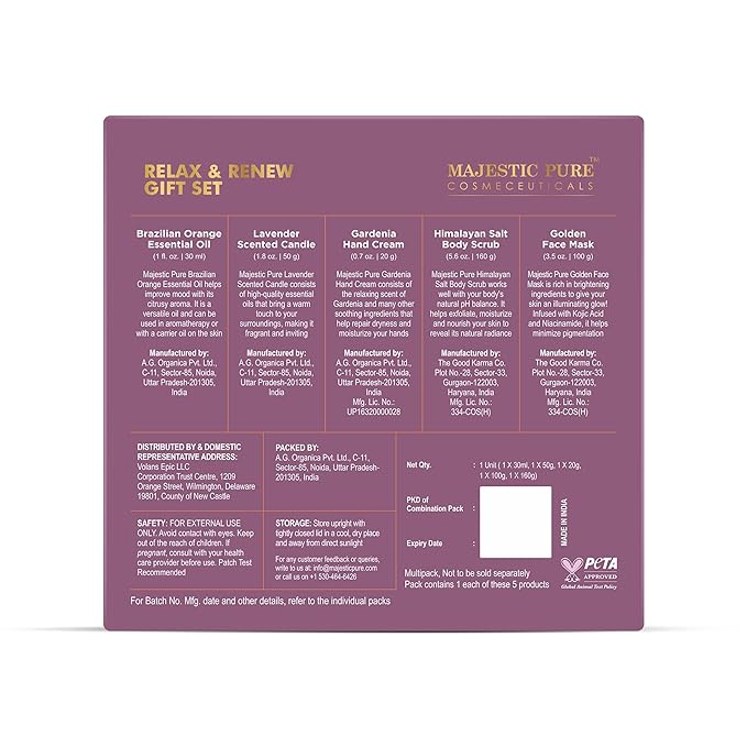 Majestic Pure Mothers Day Gift Set set of 5- (Brazilian Orange oil 1oz, Scented Candle - 50g, Gardenia Hand Cream - 20g, Himalayan Salt Body Scrub - 160g, Gold Face Mask - 100g)