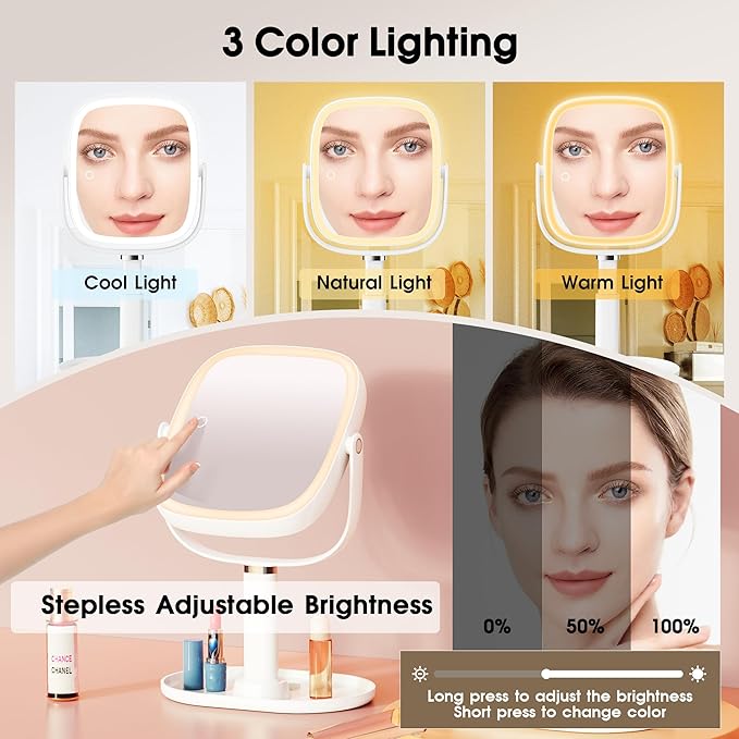 Makeup Vanity Mirror with Lights - 10x/1x Magnifying Mirror with Light, Rechargeable Desk Mirror with 3-Color Lighting & Memory Function, 360° Adjustable Table Mirror, Gift for Women (White)
