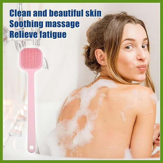 Soft Silicone Bath Brush, Non-Slip Back Scrubber Shower with Long Handle for Men and Women, Pink Beauty