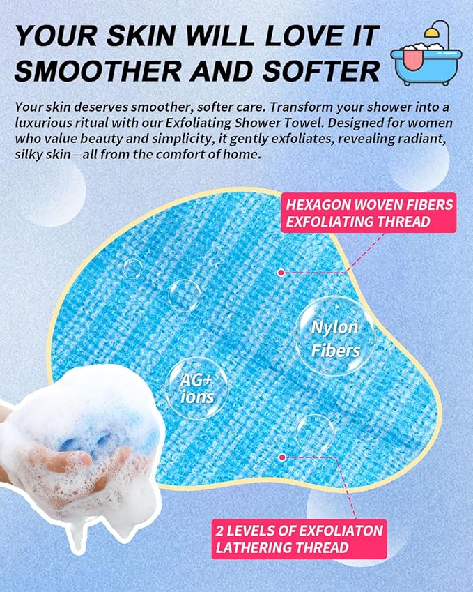 3 Pack Back Exfoliator for Shower and Dead Skin Removal, Exfoliating Body Scrubber for Smooth Skin Japan Washcloth for Shower & Bath, Versatile Body Scrub Towel