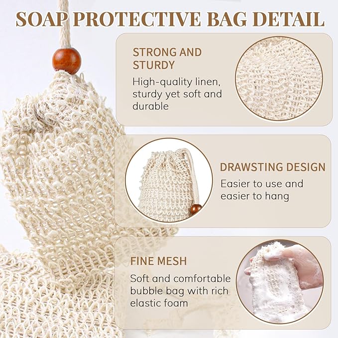 20 Pack Soap Exfoliating Bag, Natural Sisal Soap Saver Bag with Drawstring, Soap Saver Bag with Wooden Bead, Exfoliating Soap Bag for Shower