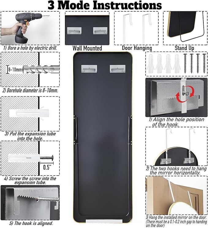 57x20 Door Hanging Full Length Mirror, Floor Stand (Height 5.7ft just Body in1.3ft) Wall Mounted Metal Frame Rectangle Dressing Mirrors for Bedroom Room 57 inch Gold