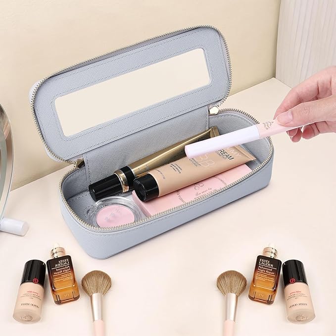 Makeup Brush Case Clear Travel Cosmetic & Toiletry Bag Small Makeup Bag with Zipper Purse Organizer Car Essential Bag for Women (Gray, SLIM)