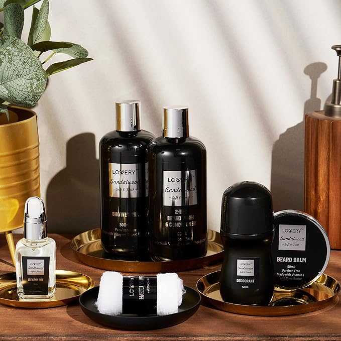 Christmas Gifts for Men, Mens Body And Wash Gift Set Beard Kit and Body Care, Unique Gifts for Dad Sandalwood Spa Gift Baskets, Bath and Beard Grooming Kit, Gifts for Husband Him Beard Balm Growth Oil