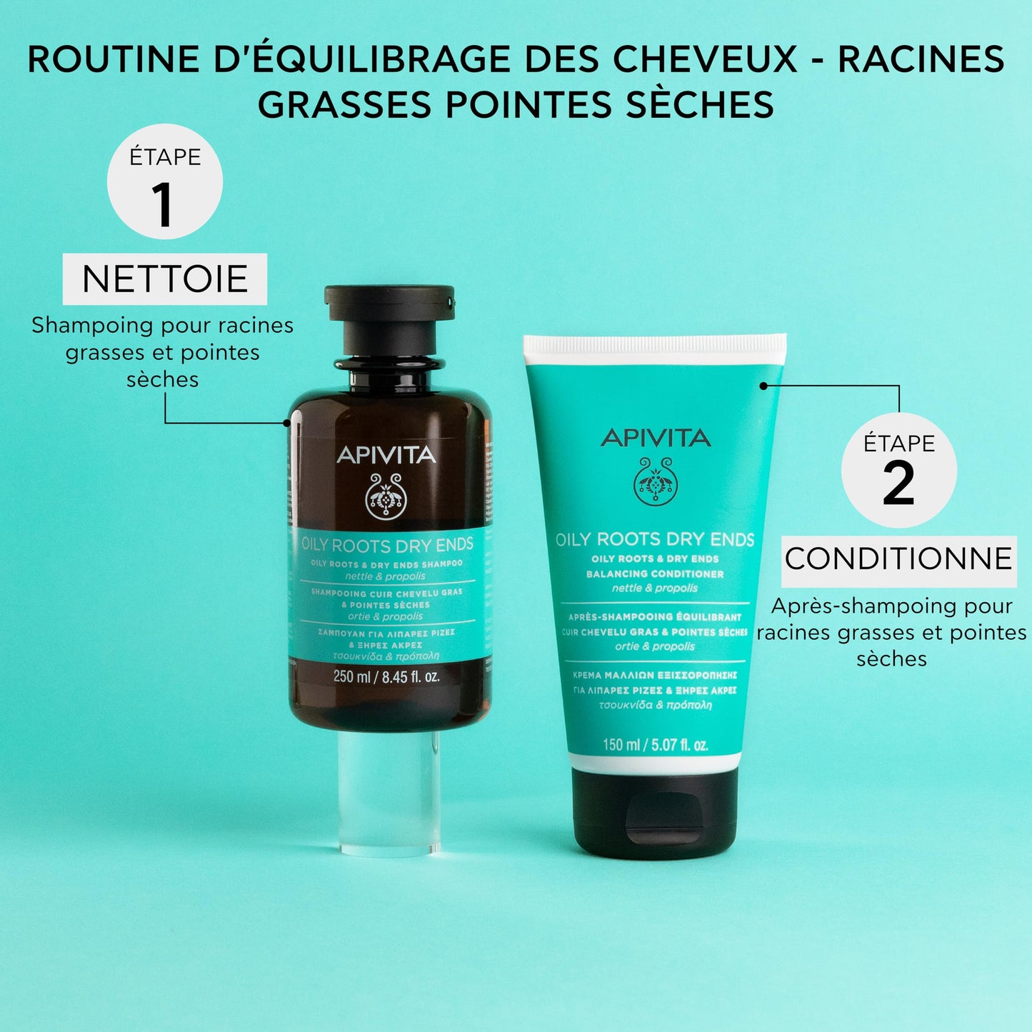 Apivita Oily Roots & Dry Ends Balancing Conditioner | Balances, Hydrates & Moisturizes Hair with Nettle & Propolis, 150 mL / 5.07 oz