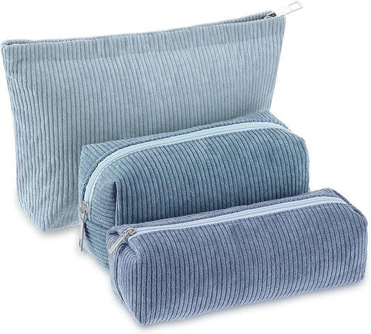 3 Pcs Makeup Bag Set for Women Corduroy Cosmetic Pouch Aesthetic Smile Travel Toiletry Bag Cute Purse Pouch Pencil Case Makeup Brushes Storage Organizer for Christmas(Blue,Gradient)