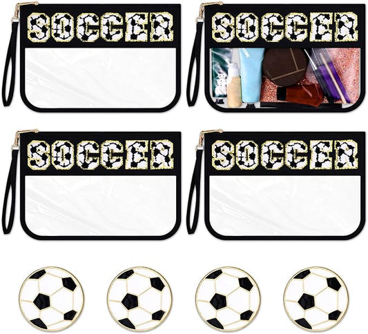 4 Pcs Soccer Bags Gifts Chenille Letter Makeup Bags with 4 Pins Preppy Clear Cosmetic Bag Waterproof Zipper Pouch for Girls Soccer Mom Player Lover Coach