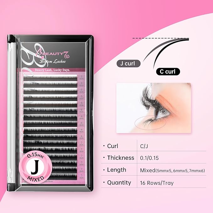 Beauty7 Mixed Volume Under Bottom Lower Individual False Eyelash Extension Tray Matte Synthetic Mink Lash (0.15 Thickness, J Curl)