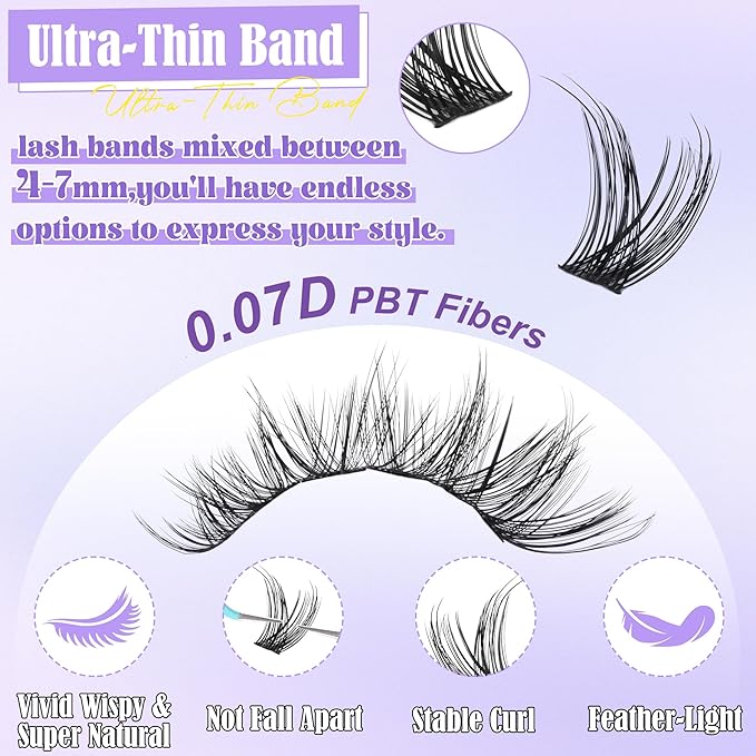 ALICE Cluster Eyelash Extension Kit Natural Wispy Lash Clusters Kit DIY Lash Extension Kit 196pcs 10-18mm Individual Lashes with Mix 4-7mm of Lash Band Lash Glue Lash Twezeers