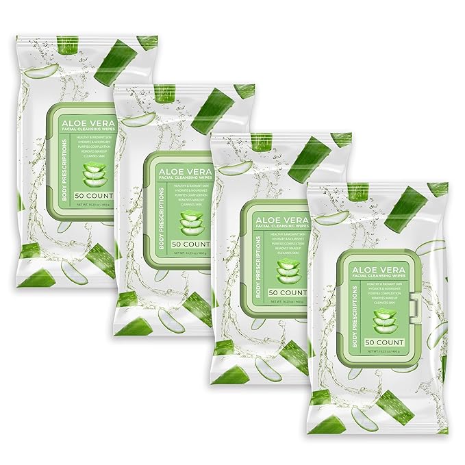 Body Prescription Makeup Cleansing Wipes - Gentle and Effective Face Wipes, 50 Count (Pack of 4), Aloe Vera