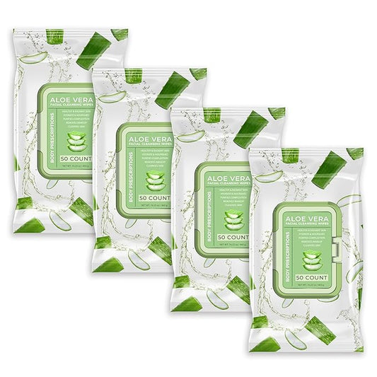 Body Prescription Makeup Cleansing Wipes - Gentle and Effective Face Wipes, 50 Count (Pack of 4), Aloe Vera