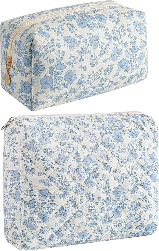 Makeup Bag Travel Cosmetic Bag for Women Girls, Zipper Make Up Pouch, Floral Flowers Toiletry Organizer Makeup, Portable Storage Bag, Cosmetic Travel Cloth Bag (2 Pack (L+S)/Blue Floral)
