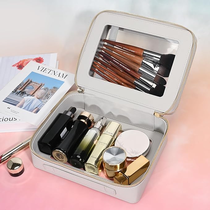 Aveniee Clear Makeup Bags, Double Layer Cosmetic Bags with a Separate Brush Compartment, Large Travel Toiletry Bag Skincare Train Case for Women, Travel Accessories Organizer(2 Layers Large, Grey)