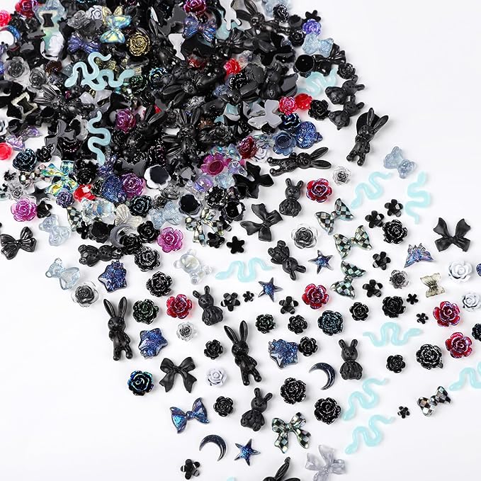 110 Pieces 3D Nail Charms for Acrylic Nails, Camellia Rose Flower Butterfly Bowknot Heart Bear Rabbit Star Charms for Nail Art Designs DIY Accessories Craft(Black)