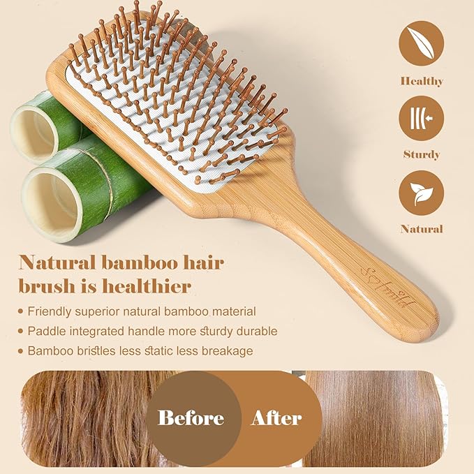 Hair Brush-Natural Wooden Bamboo Brush and Detangle Tail Comb, Paddle Hairbrush for Women Men and Kids Make Thin Long Curly Hair Health and Massage Scalp