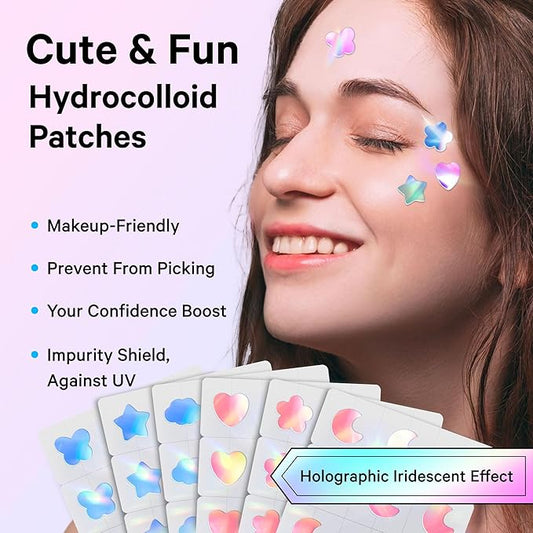 Sosky Hologram Pimple Patches for Face, Hydrocolloid Acne Patches with Salicylic Acid, Cute Star Zit Stickers,Colorful Blemish Covers,48 Count Blue Pink Heart Moon Butterfly Flower