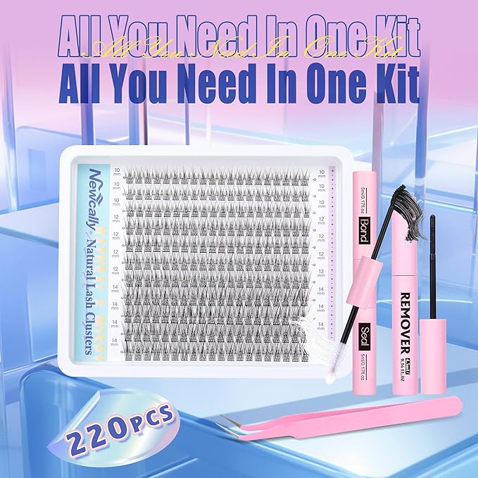 Natural Lash Extension Kit Cluster Lashes Kit Cluster Eyelash Extension Kit 220Pcs C-curly DIY Eyelash Extension Kit Short 10-14MM Individual Lashes Kit with Lash Remover by Newcally