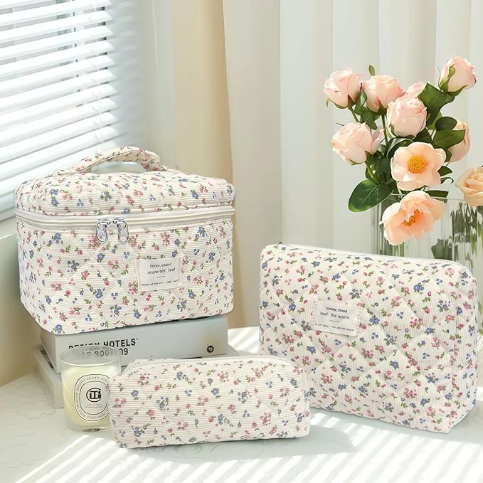 3 Piece Floral Corduroy Quilted Makeup Bag Set, Large Capacity Travel Makeup Bags for Women and Girls, Includes Small, Medium, and Large aesthetic makeup&Cosmetic Bags