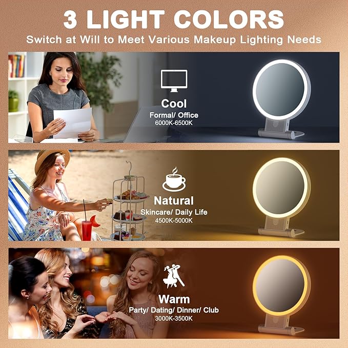 Magnifying Mirror with Light, 1X/ 30X Double Sided Makeup Mirror with 360° Rotation, Lighted Vanity Mirror with Tweezer and Rechargeable Travel Makeup Mirror with 1X/10X Magnification