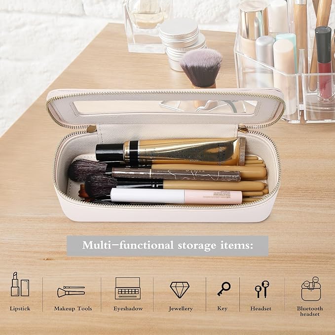 Makeup Brush Case Clear Travel Cosmetic & Toiletry Bag Small Makeup Bag with Zipper Purse Organizer Car Essential Bag for Women (Beige, SLIM)