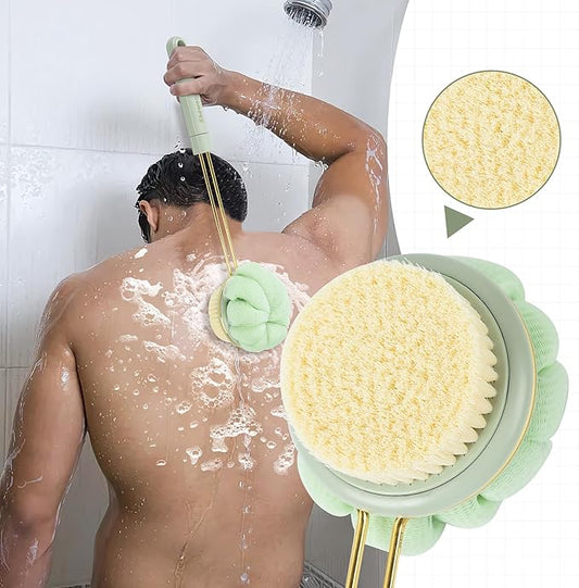 Premium Bath Brush | Double-Sided Availability|Shower Ball, Shower Ball, Pumice and Natural Sponge Heads | Effortless Full-Body Cleanse | Extra Long, Comfort-Grip Handle (Green)