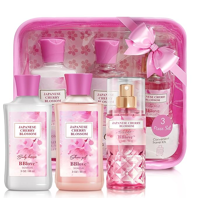 Bath and Body Gift Set for Women & Girls, Japanese Cherry Blossom, 3PCS Set for - Shower Gel, Body Lotion, Body Mist, Body Care Travel Set